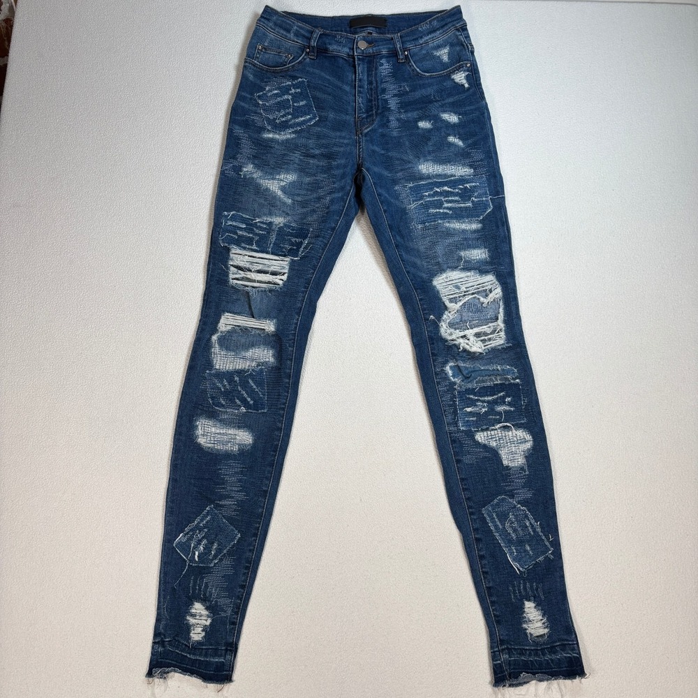 Amiri Jeans Men's 28x33 Blue Skinny Tapered Stitches Patches Ripped Distress